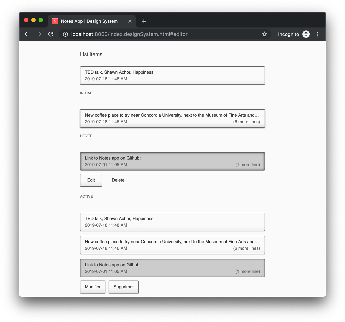Screenshot of design system page